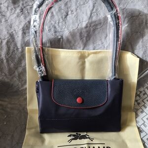NWT Longchamp Le Pliage Dark Blue Shoulder Bag Tote with Red Trim